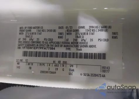 2023 Ford F-150 Xlt из США, поврежденный, VIN 1FTEW1EP7PFA77584